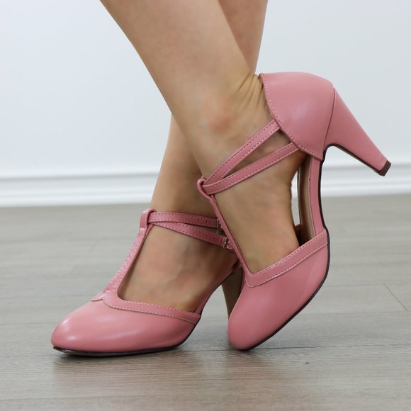 Dusty Rose Pink Double Buckle T-Strap Retro Pump - Picture 3 of 7